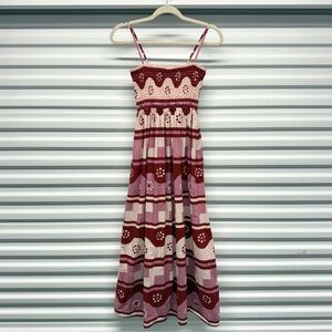 Madewell Pink Red Patterned Smocked Midi Dress XS